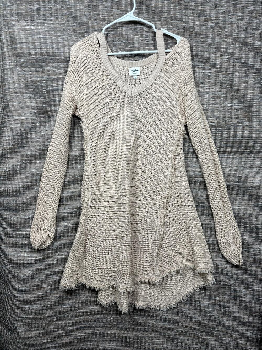 Hayden Sweater Tunic Womens L Beige Fringe Open Knit Asymmetrical Hem Boho